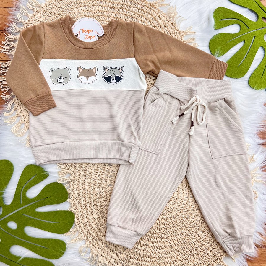 Conj. Casaco Bichinhos da Floresta e Calça de Moletom - Areia